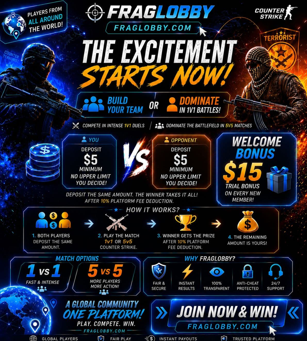 FragLobby Counter-Strike promotion showing 1v1 and 5v5 match options, welcome bonus, and join now message.